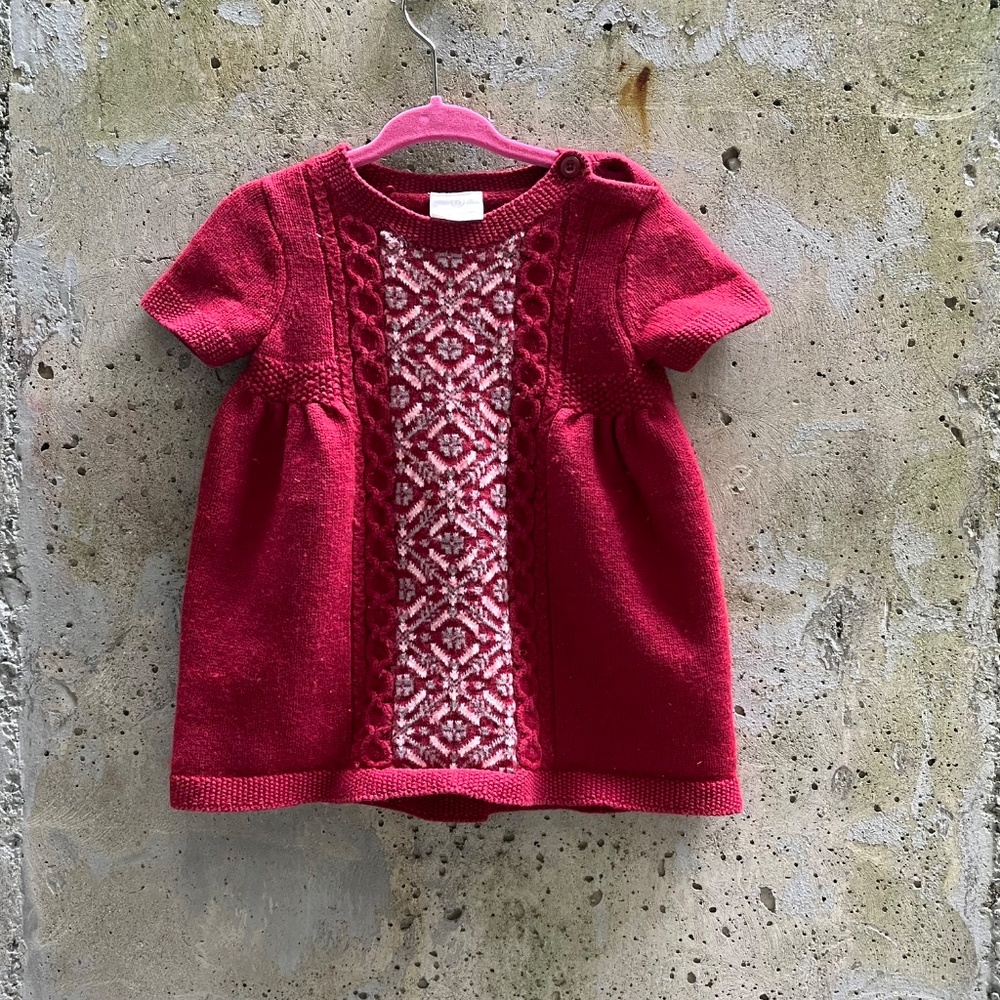 Hanna Andersson Fair Isle Knit Sweater Burgundy Cotton Wool Dress, 12-18 months